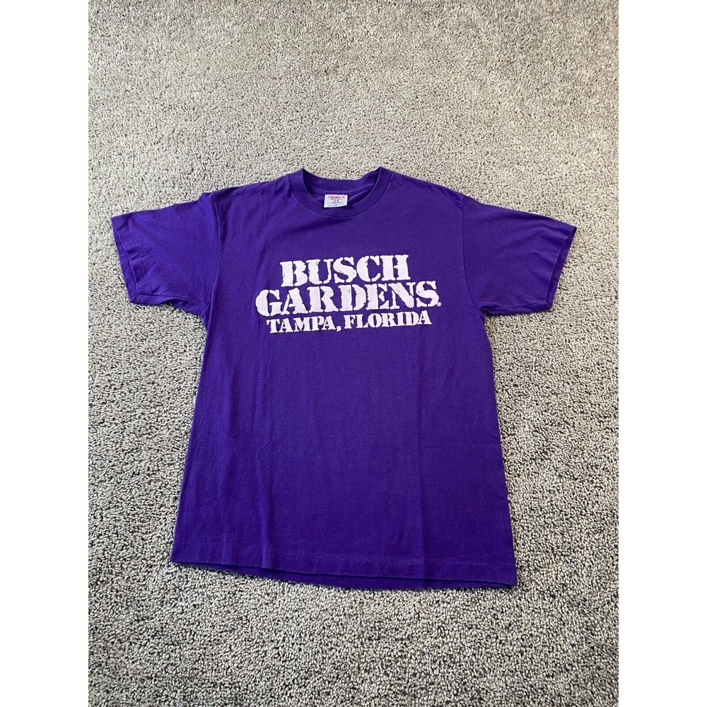 VINTAGE Busch Gardens Shirt Mens Large Purple White Single Stitch USA Made 80s